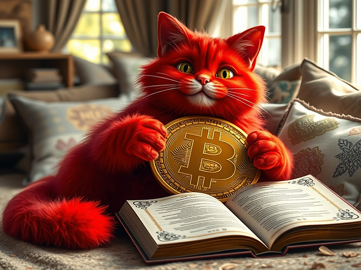 In the hush of a sunlit parlor, where dust motes drift like quiet prayers,  A crimson cat, fur...