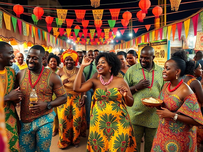 The image depicts a lively night market or festival celebrating cultural heritage among Black men...