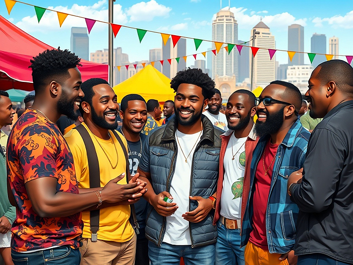 This image portrays a lively gathering of Black men at a vibrant outdoor event, likely a festival or...
